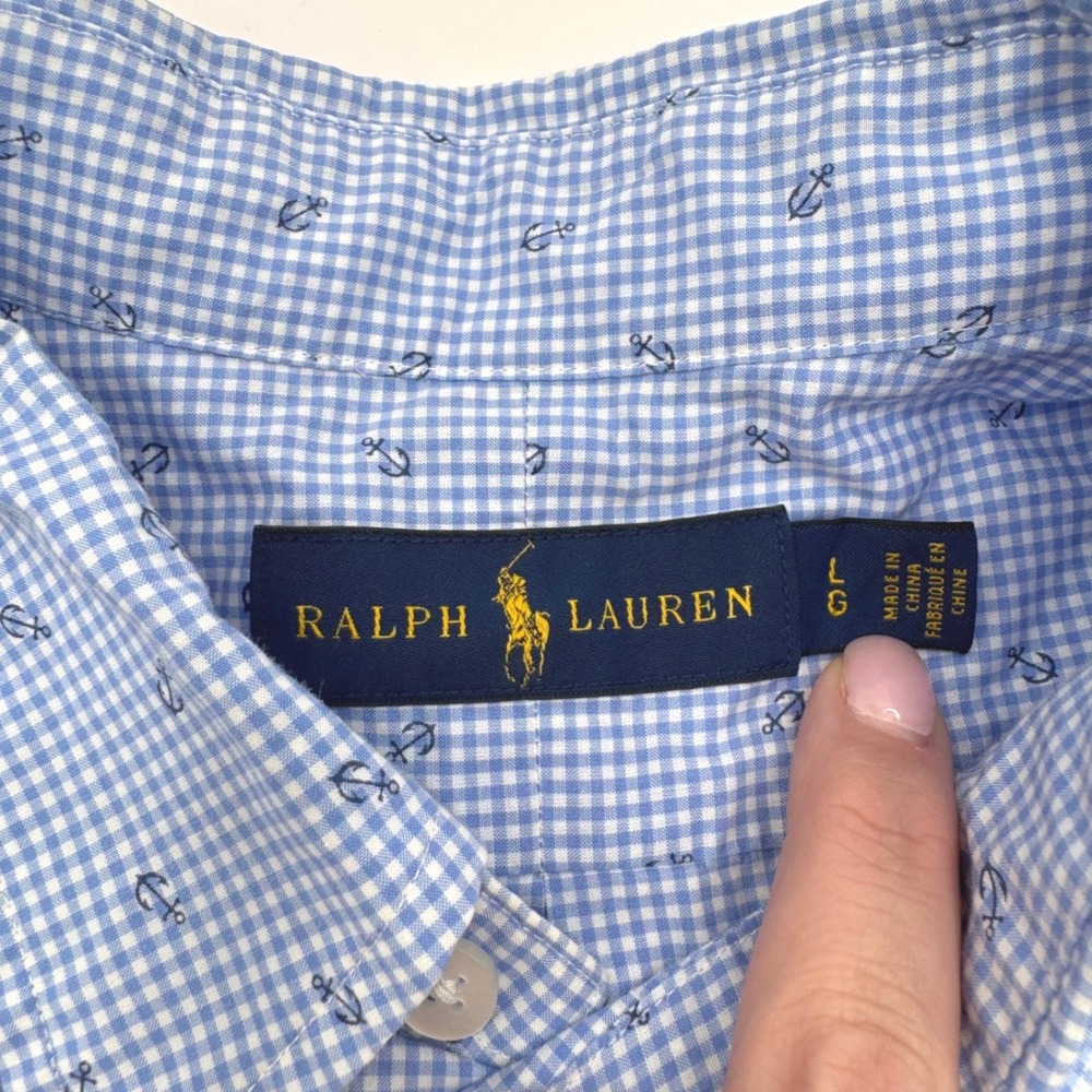 Polo Ralph Lauren Button Down Shirt Large Blue Gingham Anchor Print Long Sleeve - Picture 2 of 6